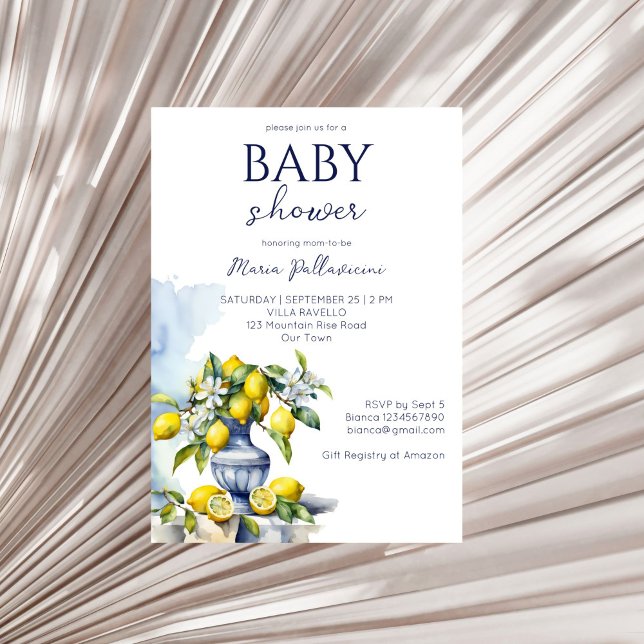 Amalfi Italian blue vase lemons baby shower Invitation (Amalfi Italian blue vase lemons summer baby shower Invitation editable template instant download )