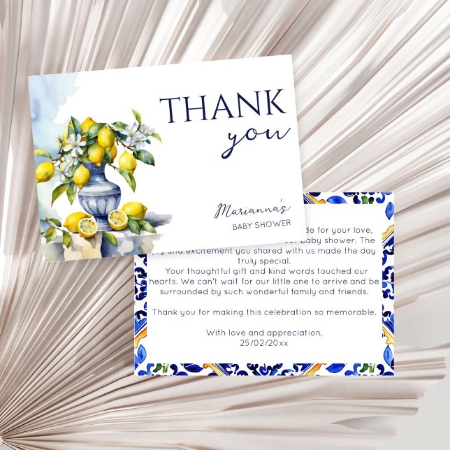 Amalfi Italian blue vase lemons baby shower Thank You Card (Amalfi Italian blue ceramics vase lemons citrus summer gender neutral baby shower Thank You Card)