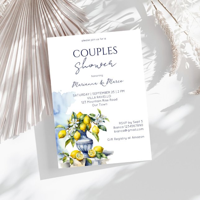 Amalfi Italian blue vase lemons couples shower Invitation (Amalfi Italian blue talavera ceramic vase lemons summer couples shower Invitation editable template )