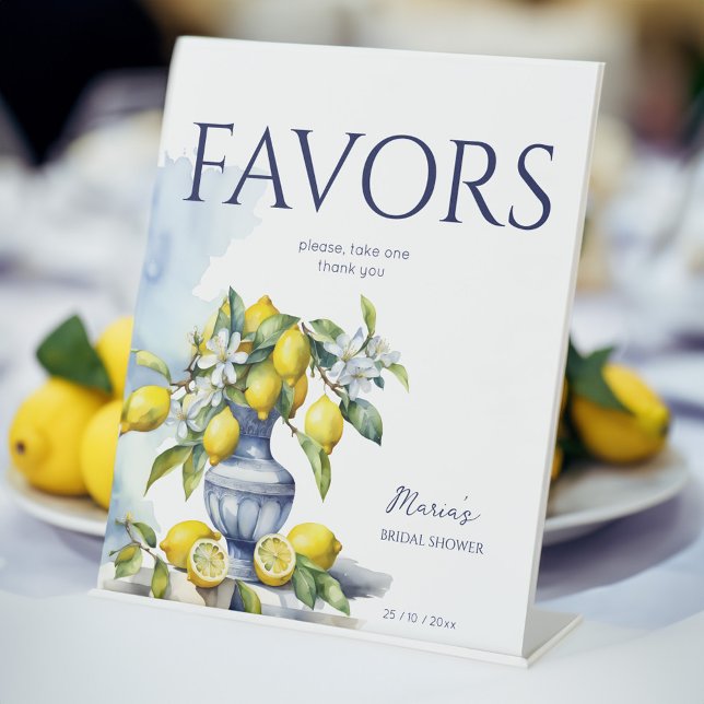 Amalfi Italian blue vase lemons favour sign (Amalfi Italian blue ceramics vase with lemons wedding bridal shower favors table sign table decor)