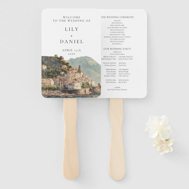 Amalfi Italian Watercolor Wedding Program Hand Fan (Front and Back)