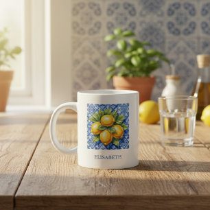 Amalfi Italy Lemon Blue White Tile Personalized Large Coffee Mug