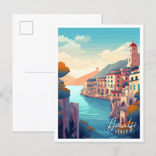 Amalfi Italy vintage art travel illustration Postcard