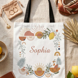 Amalfi Lemon and Abstract Sun Custom Name Black Tote Bag