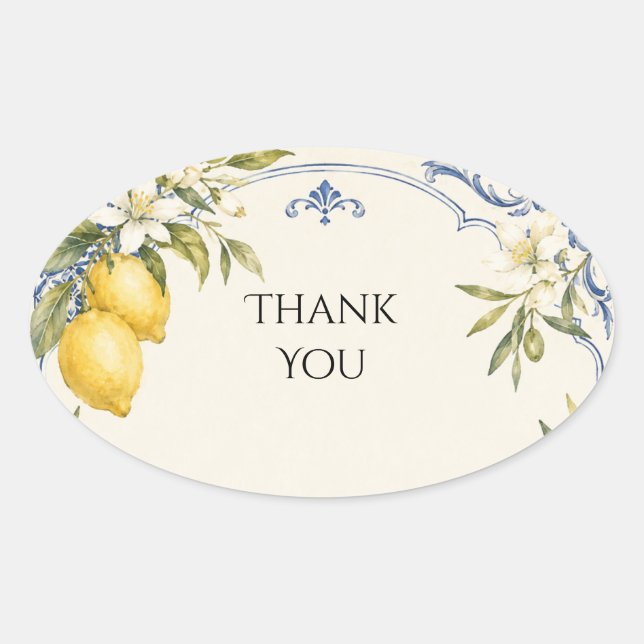 Amalfi Lemon Blue Trim Wedding Thank You Sticker (Front)