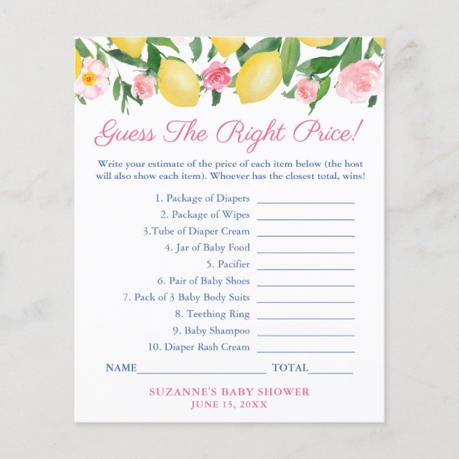 Amalfi Lemon Guess The Price Baby Shower Game Card (Front)
