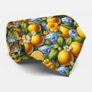 Amalfi Lemon Mediterranean Faux DIamonds Faux Silk Tie