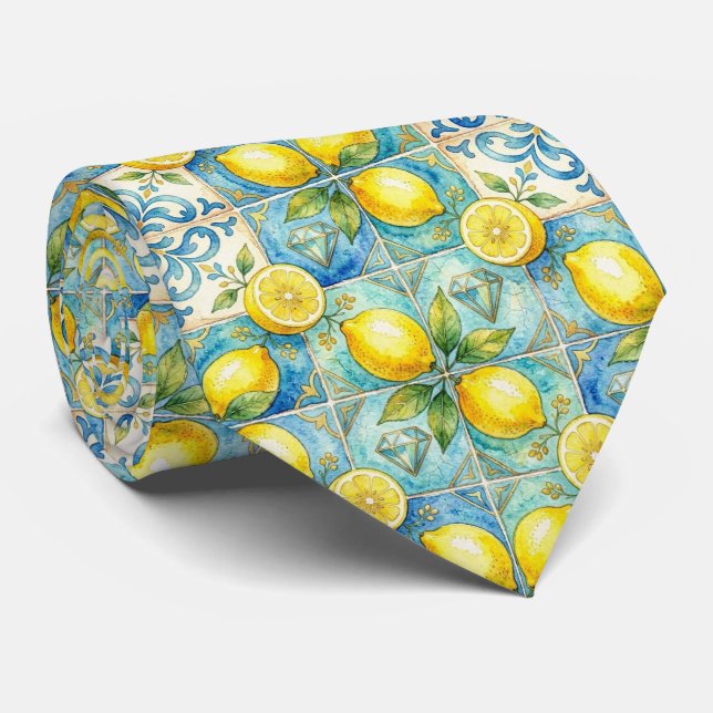 Amalfi Lemon Mediterranean Faux DIamonds Faux Silk Tie (Rolled)
