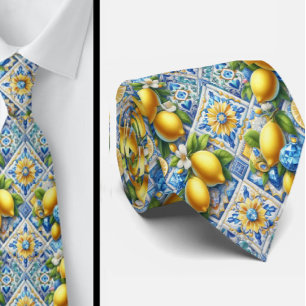 Amalfi Lemon Mediterranean Faux DIamonds Faux Silk Tie
