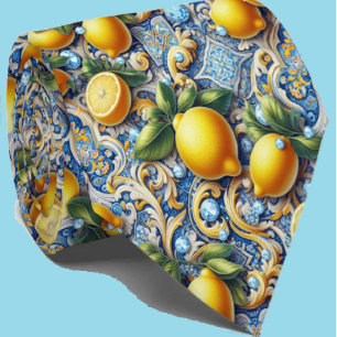 Amalfi Lemon Mediterranean Faux DIamonds Faux Silk Tie