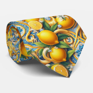 Amalfi Lemon Mediterranean Faux DIamonds Faux Silk Tie