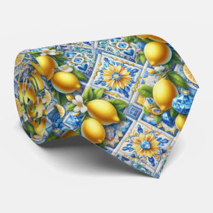 Amalfi Lemon Mediterranean Faux DIamonds Faux Silk Tie