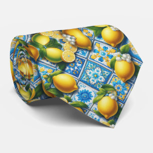 Amalfi Lemon Mediterranean Watercolor Faux Silk Tie