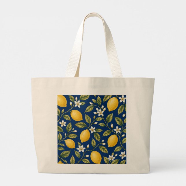 Amalfi Lemon Orchard Blue Botanical Pattern Tote B (Back)