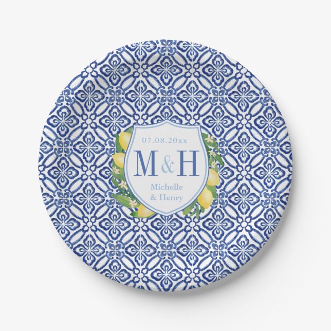 Amalfi Lemons Blue And White Tile Wedding Party Paper Plate (Front)
