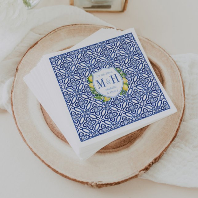 Amalfi Lemons Blue Tile Monogram Wedding Napkin (Lemons monogram couples crest with Italian blue tile print)