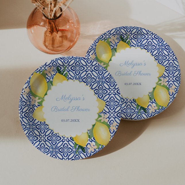 Amalfi Lemons Blue White Italy Tiles Bridal Shower Paper Plate (Amalfi Lemon Blue Tile Bridal Shower Party Paper Plates)