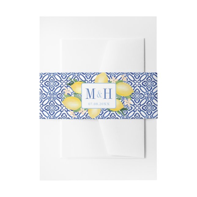 Amalfi Lemons Blue White Tiles Wedding Invitation Belly Band (Front Example)