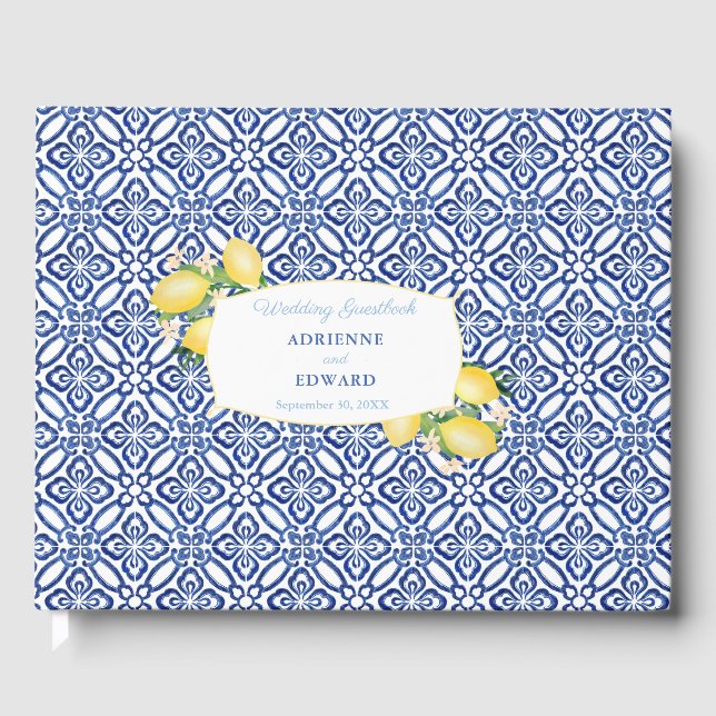 Amalfi Lemons Mediterranean Blue Tiles Wedding Guest Book (Front)
