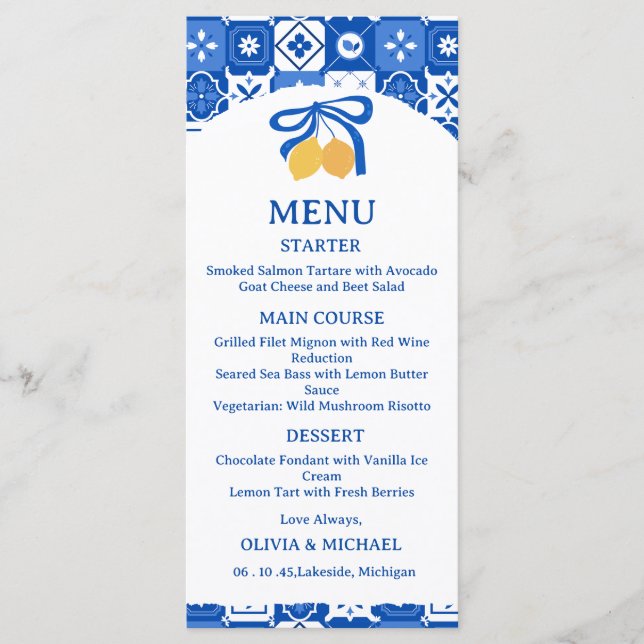 Amalfi Lemons Mediterranean Tile Wedding Menu Card (Front)