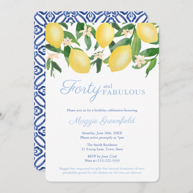 Amalfi Lemons Milestone Female 40th Birthday Party Invitation (Front/Back)