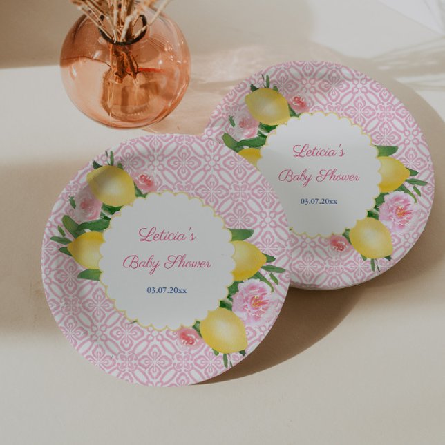 Amalfi Lemons With Pink Tiles And Pink Flowers Paper Plate (Pretty pink and white baby shower baby plates with watercolor lemons and scallop border)