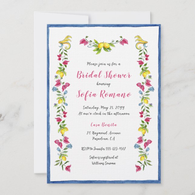 Amalfi Mediterranean Floral Bridal Shower  Invitation (Front)