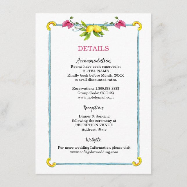 Amalfi Mediterranean floral wedding details Enclosure Card (Front)