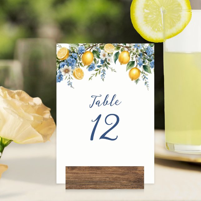 Amalfi Mediterranean Lemons Wedding Table Number (A customizable table number card for an elegant wedding reception, with Mediterranean lemons design)