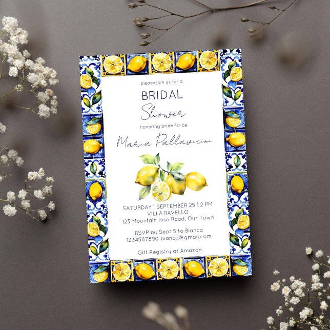 Amalfi Positano blue tiles lemons bridal shower Invitation (Amalfi Positano blue tiles lemons Mediterranean bridal shower template invitation digital download)