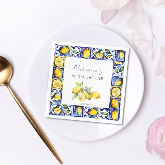 Amalfi Positano blue tiles lemons bridal shower Napkin (Amalfi Sicilian Majoica blue tiles lemons bridal shower tableware personalized napkins citrus themed)