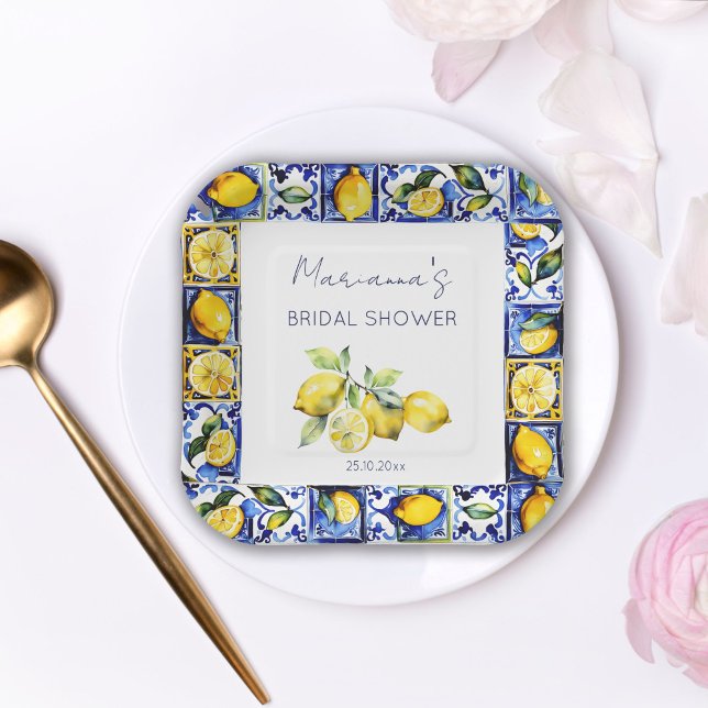 Amalfi Positano blue tiles lemons bridal shower Paper Plate (Amalfi Positano blue Majolica tiles lemons bridal shower tableware personalized napkins watercolor)