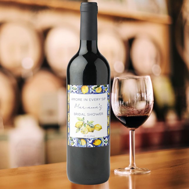 Amalfi Positano blue tiles lemons bridal shower Wine Label (Blue majolica tiles lemons Mediterranean themed bridal shower personalized wine bottle labels)