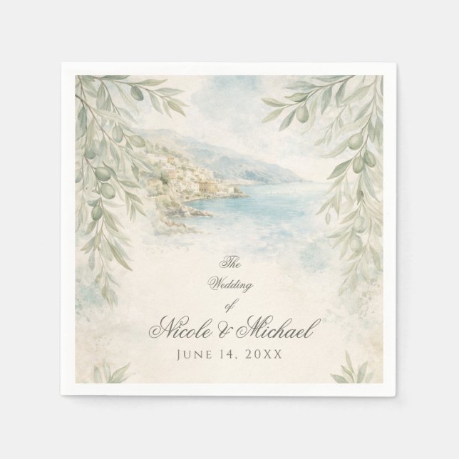 Amalfi Reverie — Mediterranean Coastal Wedding Napkin (Front)