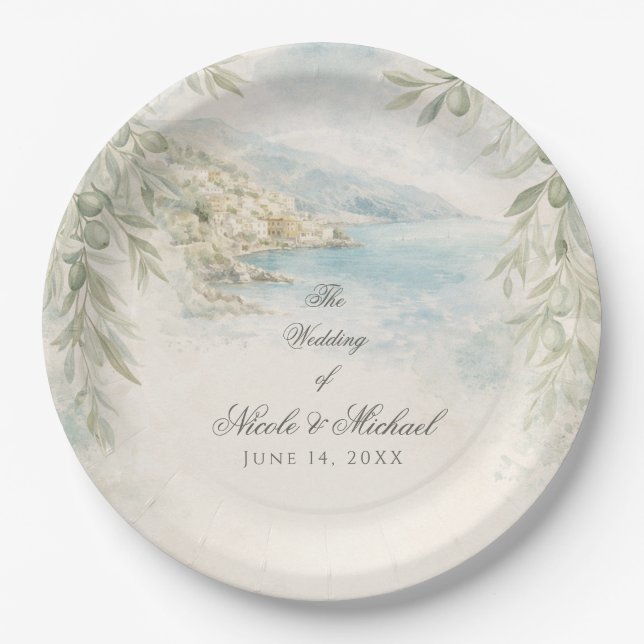 Amalfi Reverie — Mediterranean Coastal Wedding Paper Plate (Front)