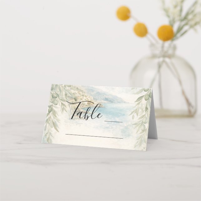 Amalfi Reverie — Mediterranean Coastal Wedding Place Card (Front)