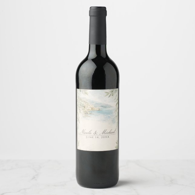 Amalfi Reverie — Mediterranean Coastal Wedding Wine Label (Front)