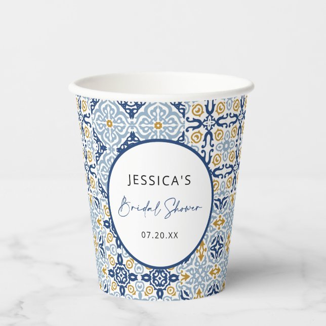 Amalfi Tile Blue Yellow Bridal Shower Paper Cups (Front)
