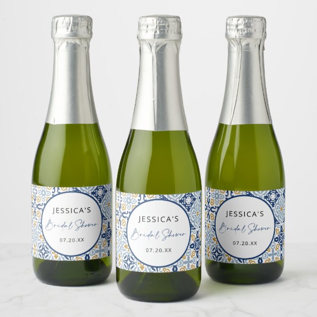 Amalfi Tile Blue Yellow Bridal Shower   Sparkling Wine Label (Bottles)