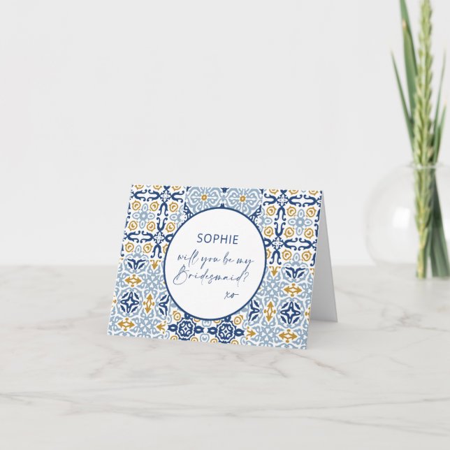 Amalfi Tile Blue Yellow Will You Be My Bridesmaid  Note Card (Front)