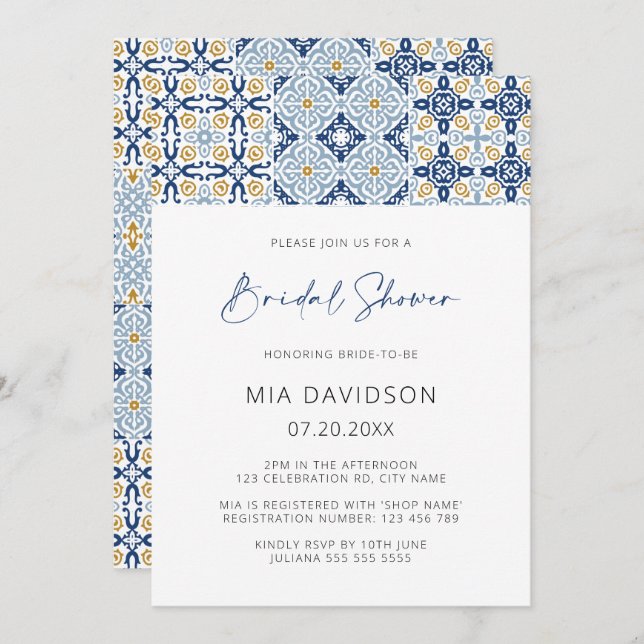 Amalfi Tile Mediterranean Summer Bridal Shower Invitation (Front/Back)