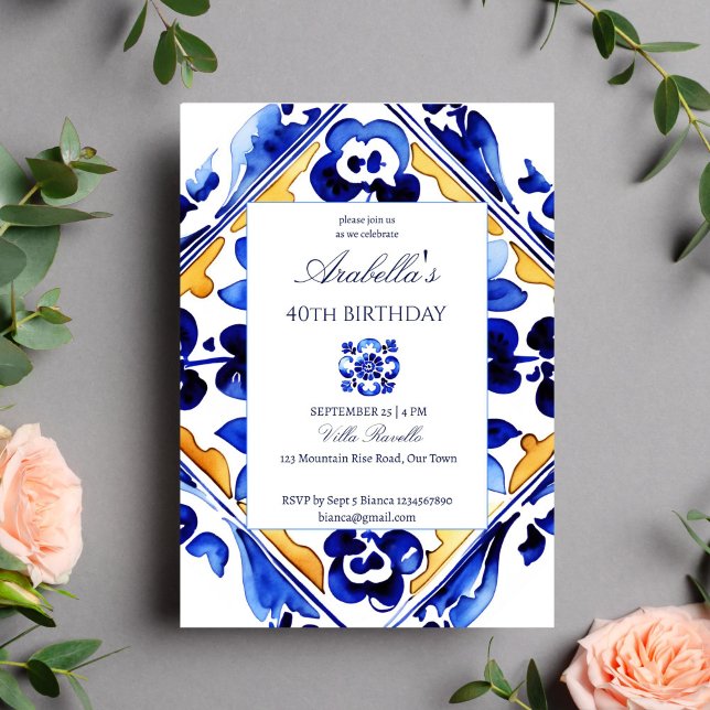 Amalfi Vietri Italian blue tiles birthday party Invitation (Amalfi Vietri Italian blue tiles birthday party editable template Invitation digital download )