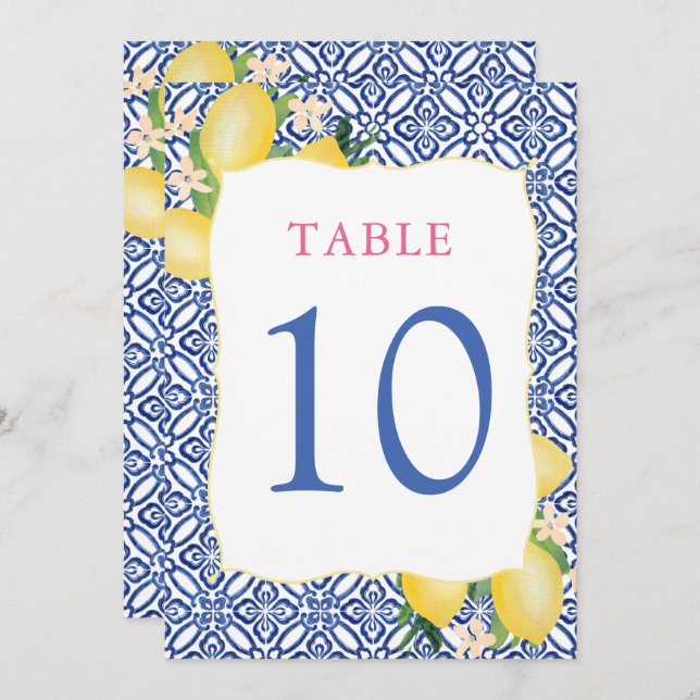 Amalfi Watercolor Lemon Blue Tile 5x7 Table Number (Front/Back)