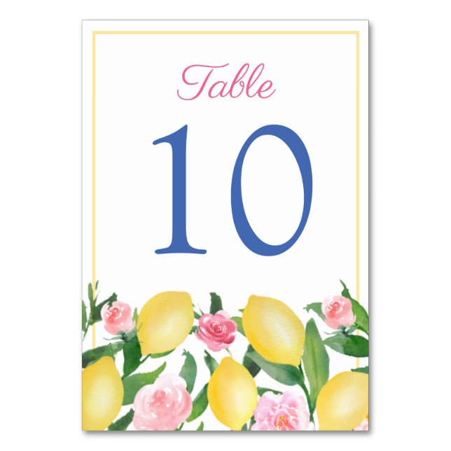 Amalfi Watercolor Lemons Pink Cobalt Blue Wedding Table Number (Front)