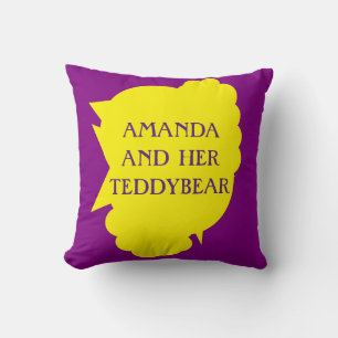 Amanda and her teddybear motif on purple yellow cushion