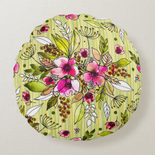 Amanda Floral&Stripes/Wine Red Polkadot Reversible Round Cushion