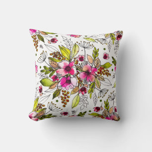 Amanda Pink and Green Sketched Watercolor Floral  Cushion