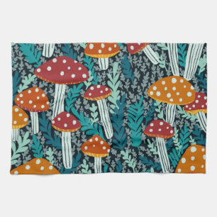 Amanita Magical Mushroom Fern Forest Pattern Tea Towel