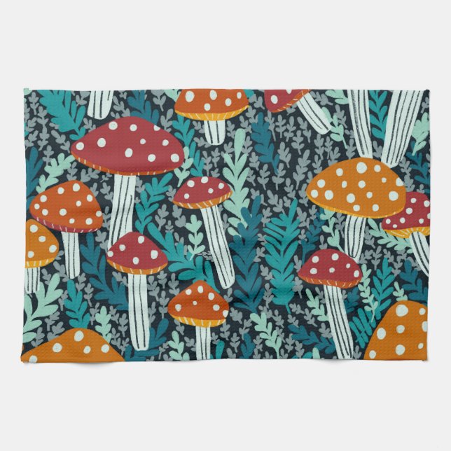 Amanita Magical Mushroom Fern Forest Pattern Tea Towel (Horizontal)