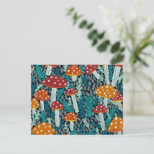 Amanita Magical Mushrooms Fern Forest Pattern Postcard